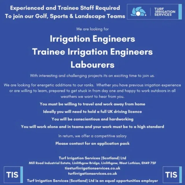 Are you looking for a new challenge? TIS are looking to grow our team.  We are looking for team members to join contracts and service. 

If you’re interested, please email tis@turfirrigationservices.co.uk or call 01506 848494 for more information.

#irrigation #training #newjobopportunity